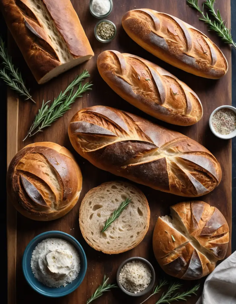 Close-up image of a variety of freshly baked breads on a wooden cutting board, including a crusty sourdough loaf, slices of multigrain bread, and a rustic baguette. Sprigs of rosemary and thyme are scattered nearby, along with a small dish of olive oil and a sprinkle of sea salt. Warm lighting highlights the textures of the crusts and soft interior, creating a cozy, bakery-like atmosphere.