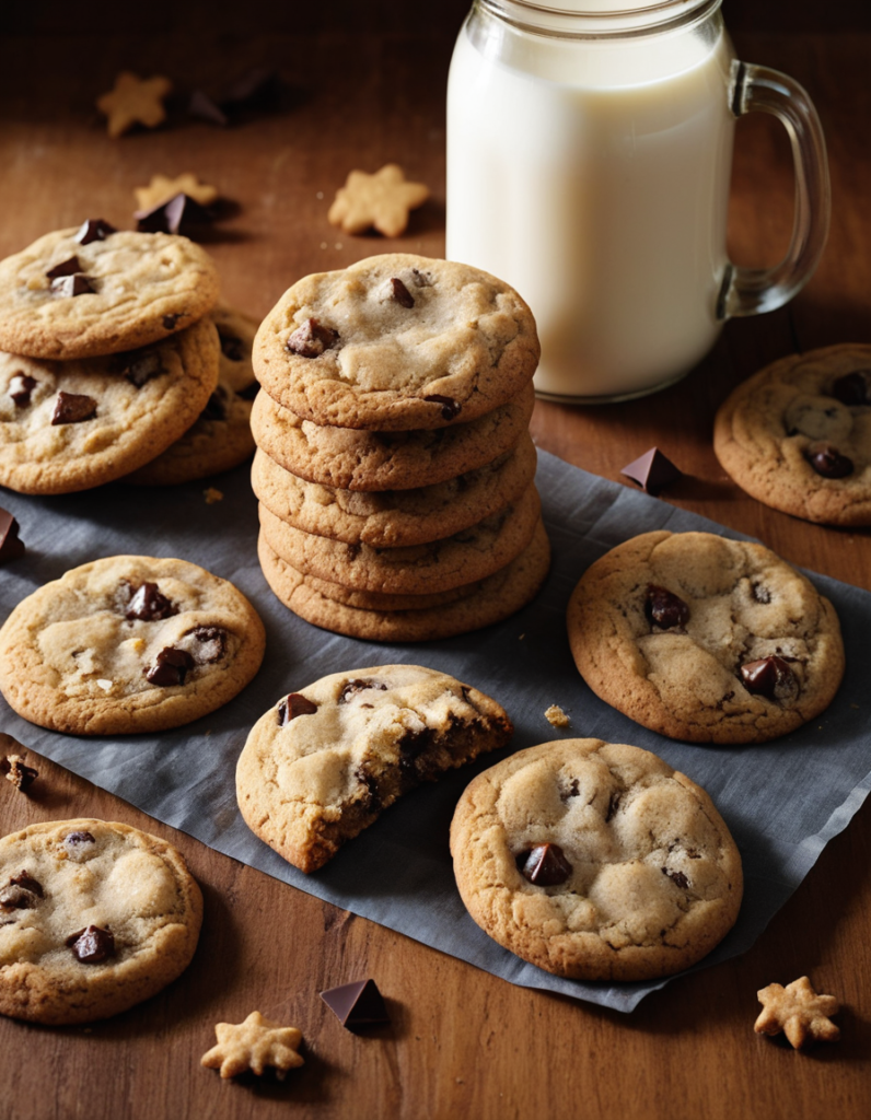 Close-up of a warm, rustic scene with a variety of freshly baked cookies on a wooden table, including chocolate chip cookies with gooey chocolate chunks, golden sugar cookies with sugar crystals, and oatmeal raisin cookies. Some cookies are stacked, others scattered, with one showing a bite taken out to reveal the soft interior. Crumbs, a glass of milk, and soft natural lighting add to the cozy, inviting atmosphere