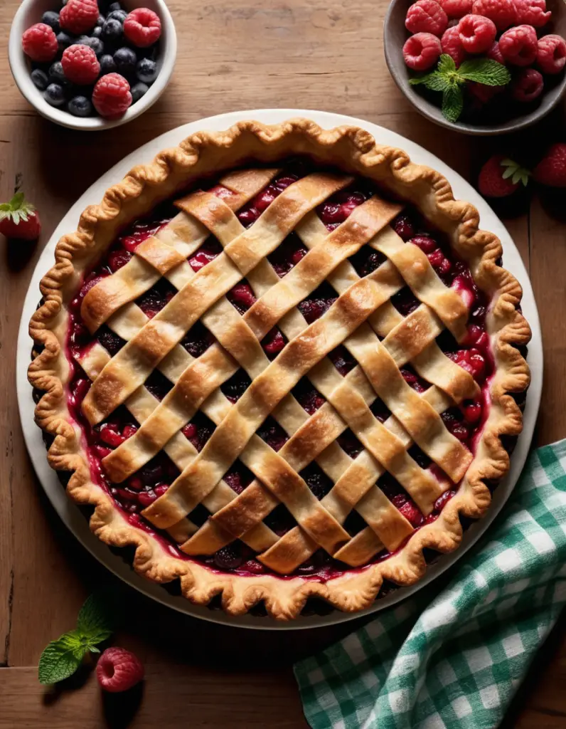 Top-down view of a freshly baked berry pie with a golden-brown lattice crust on a rustic wooden table. The pie filling overflows slightly with vibrant berries, surrounded by scattered berries and mint sprigs. A slice is cut out to reveal the rich, juicy filling, with sunlight streaming in to highlight the flaky crust. A checkered cloth adds a cozy touch.